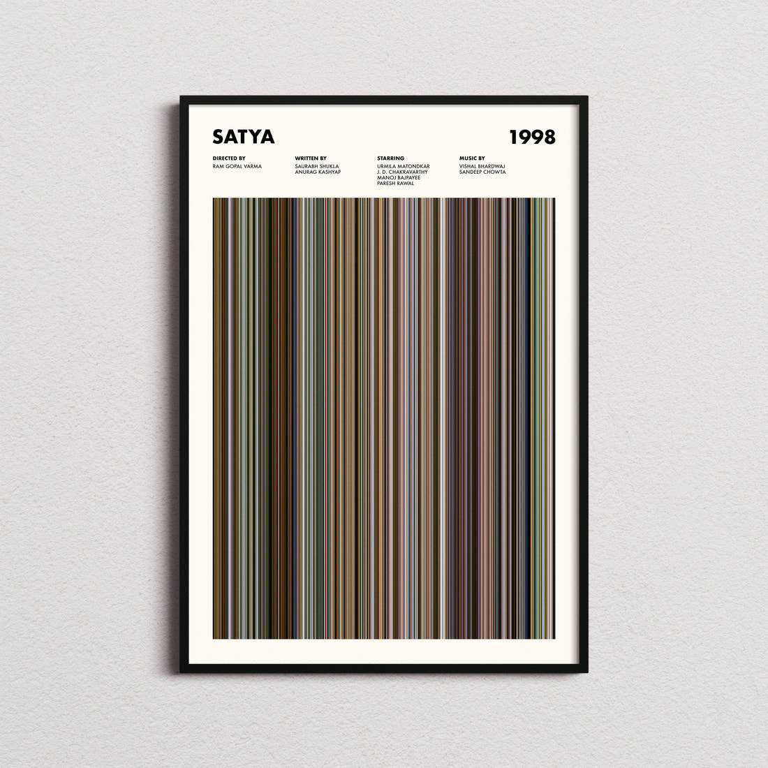 Satya Movie Barcode Poster framed on a plain studio wall