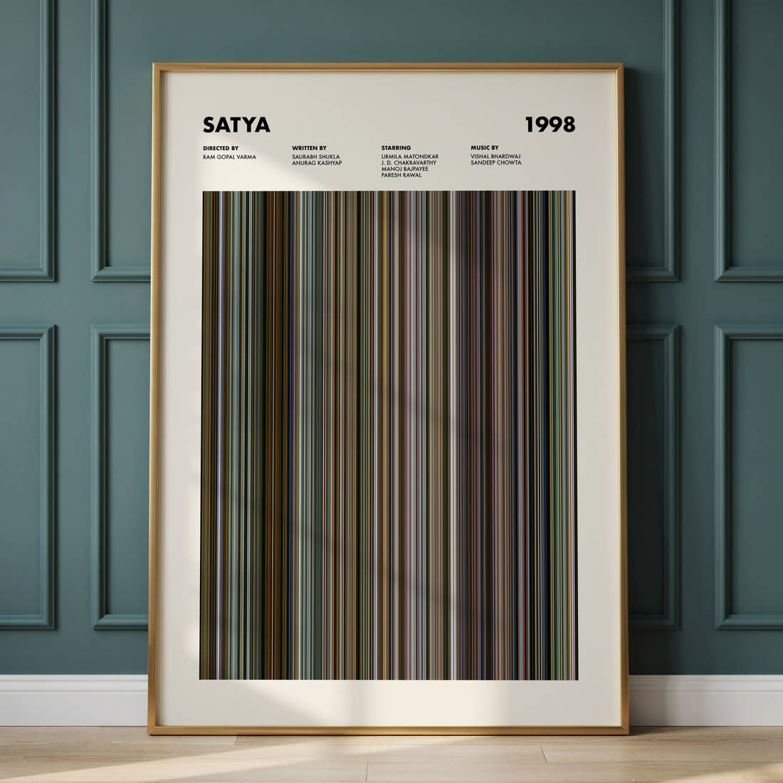 Satya Movie Barcode Poster framed and leaning against a panelled wall