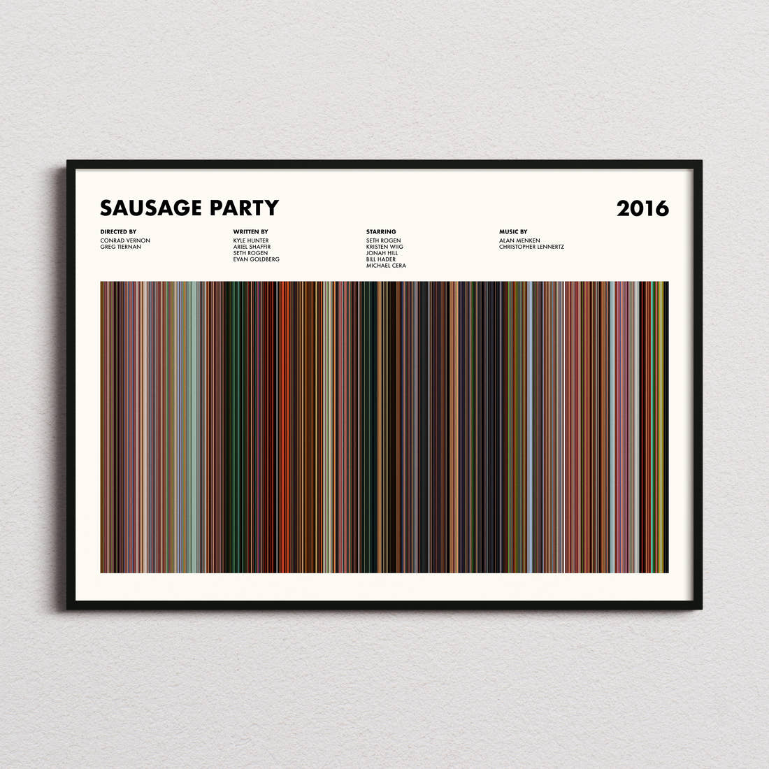 Sausage Party Movie Barcode Poster framed and photographed straight on