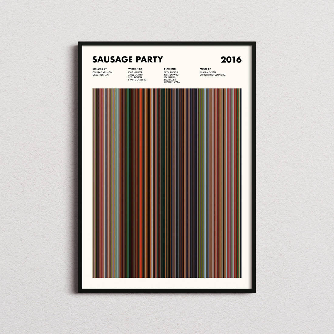 Sausage Party Movie Barcode Poster framed on a plain studio wall