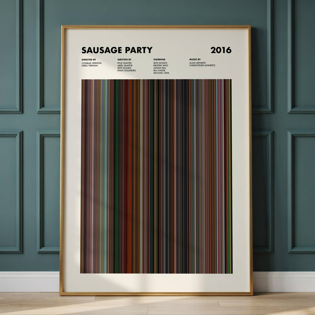 Sausage Party Movie Barcode Poster framed and leaning against a panelled wall