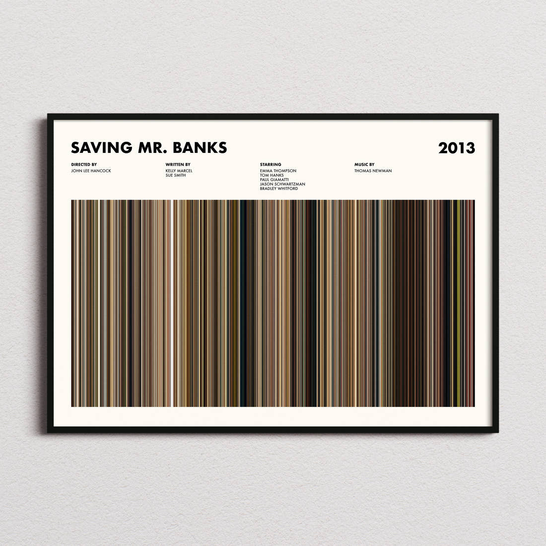 Saving Mr. Banks Movie Barcode Poster framed and photographed straight on
