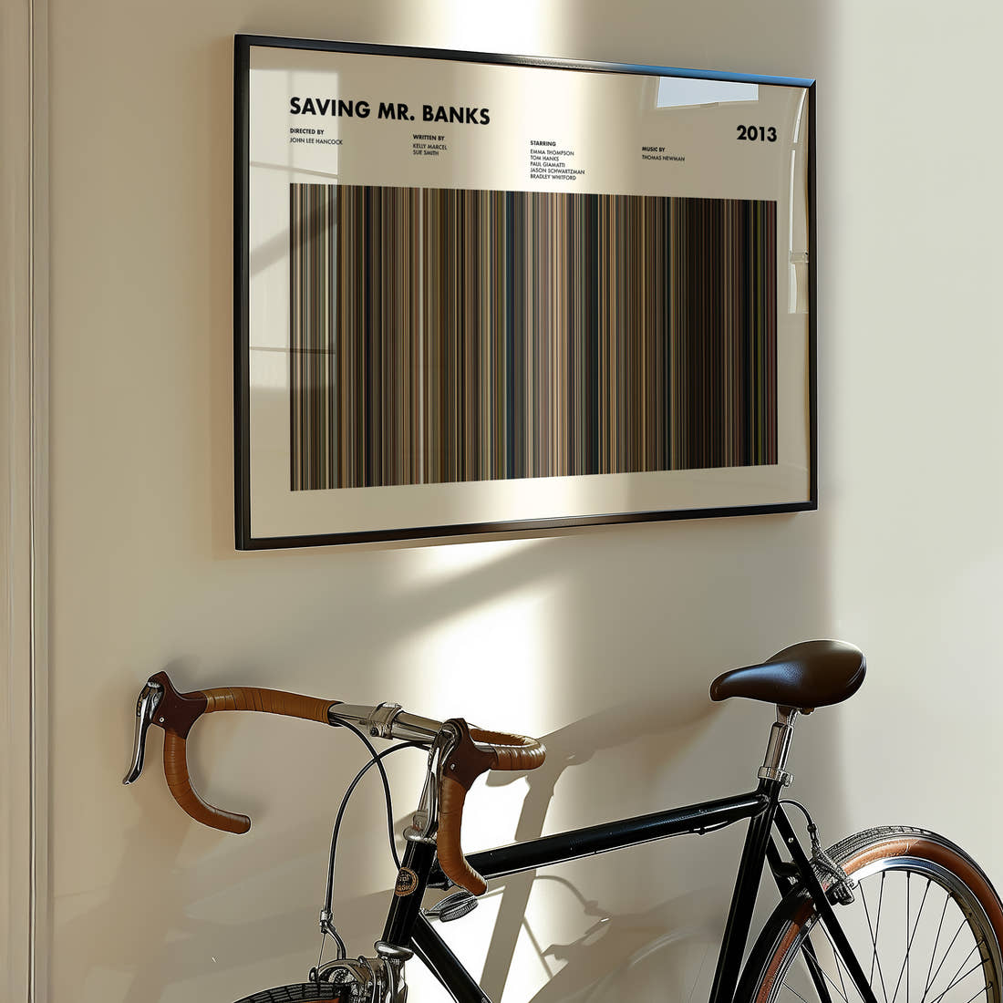 Saving Mr. Banks Movie Barcode Poster framed on the wall of a styled room setting