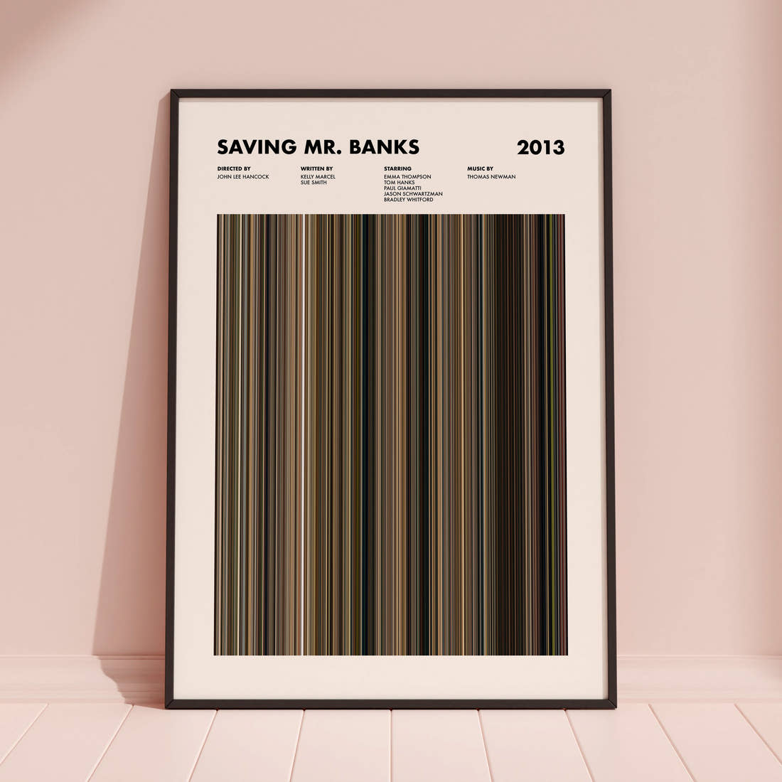 Saving Mr. Banks Movie Barcode Poster framed and leaning against a coloured wall