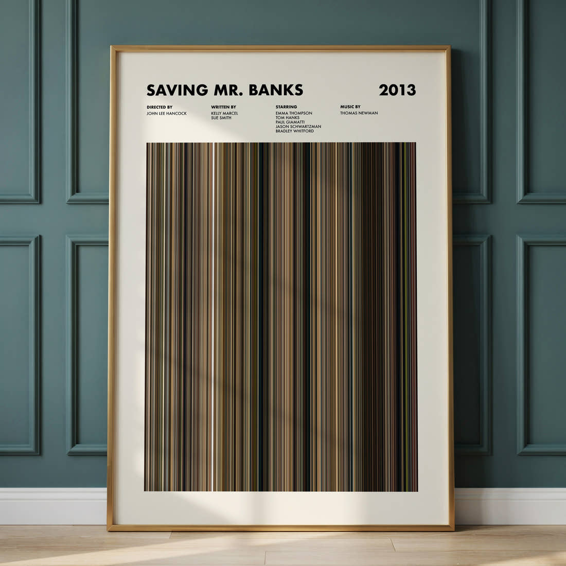 Saving Mr. Banks Movie Barcode Poster framed and leaning against a panelled wall