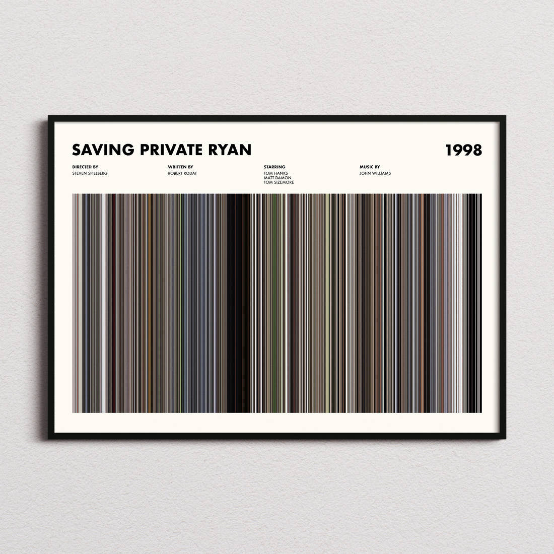 Saving Private Ryan Movie Barcode Poster framed and photographed straight on