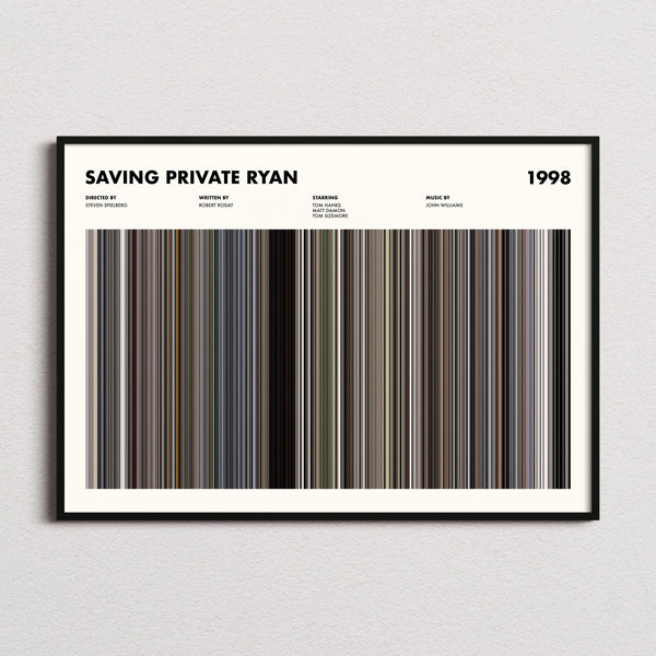 Saving Private Ryan Movie Barcode Poster framed and photographed straight on