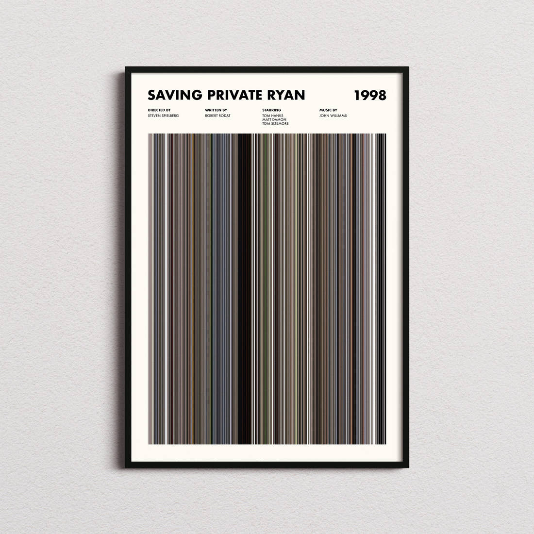 Saving Private Ryan Movie Barcode Poster framed on a plain studio wall