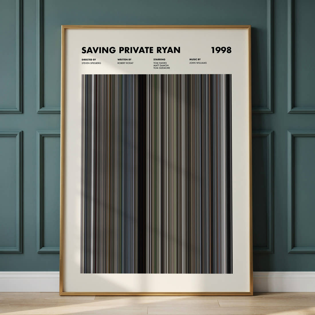 Saving Private Ryan Movie Barcode Poster framed and leaning against a panelled wall