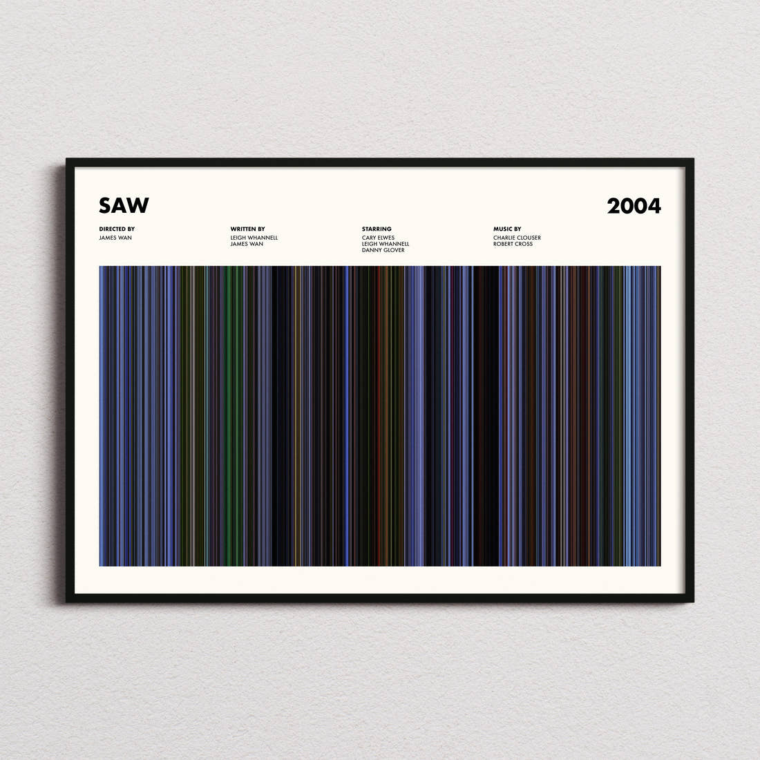 Saw Movie Barcode Poster framed and photographed straight on