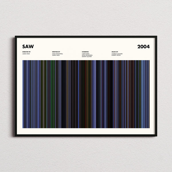 Saw Movie Barcode Poster framed and photographed straight on