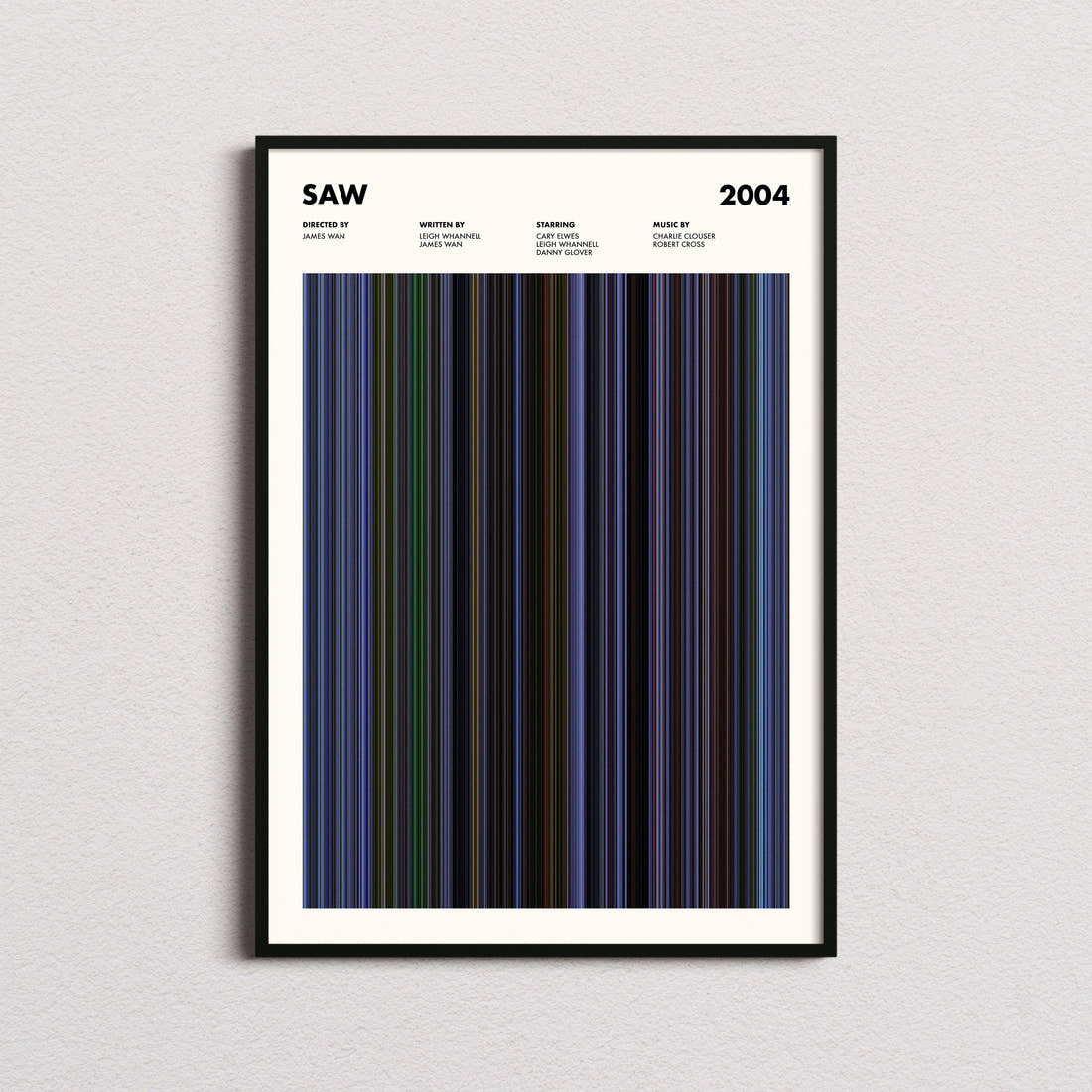 Saw Movie Barcode Poster framed on a plain studio wall