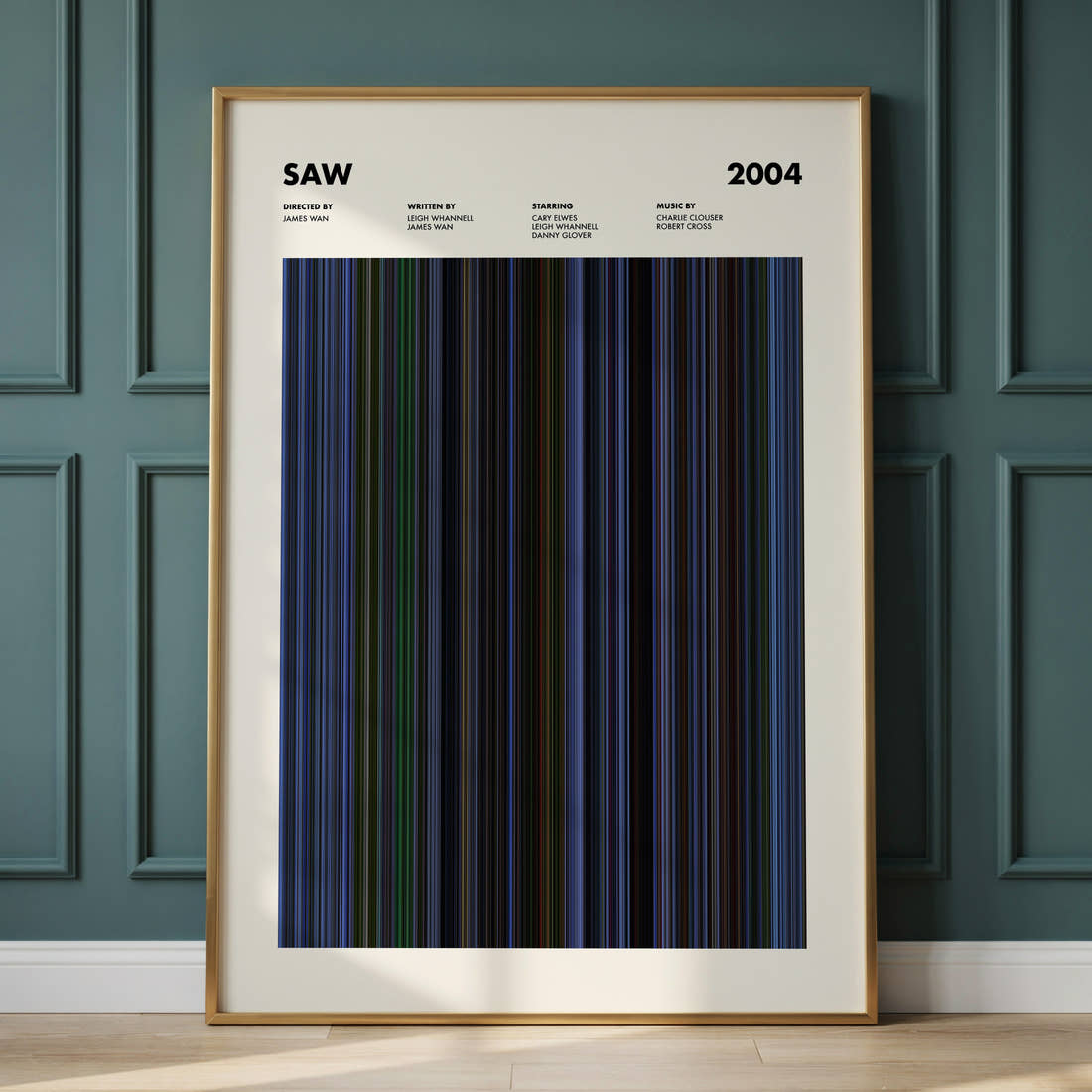 Saw Movie Barcode Poster framed and leaning against a panelled wall