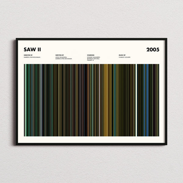 Saw 2 Movie Barcode Poster framed and photographed straight on