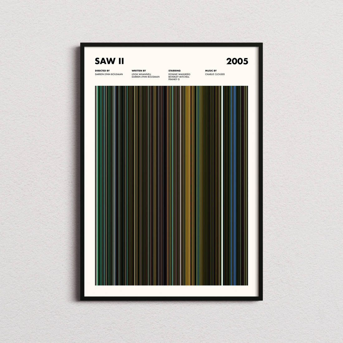 Saw 2 Movie Barcode Poster framed on a plain studio wall