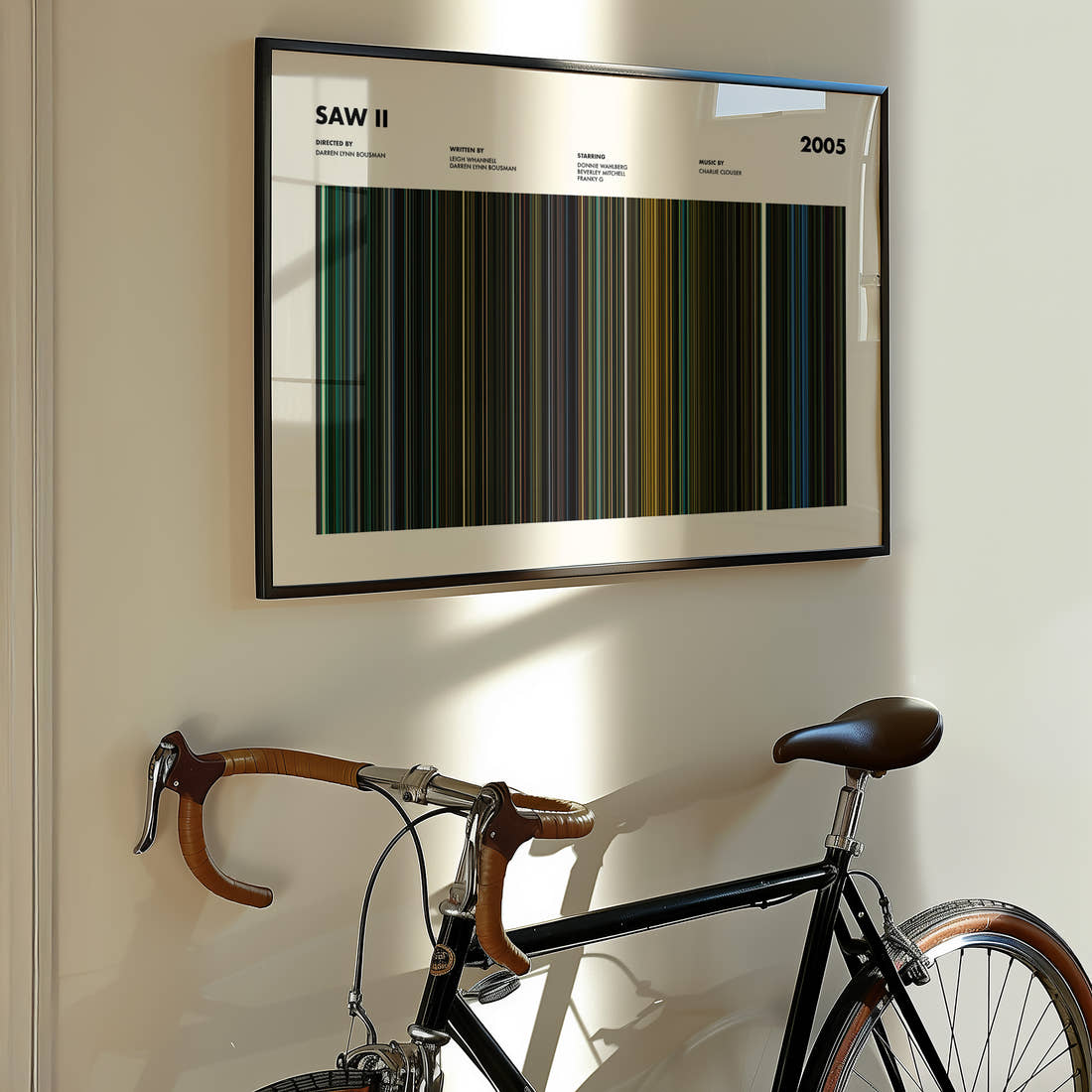 Saw 2 Movie Barcode Poster framed on the wall of a styled room setting