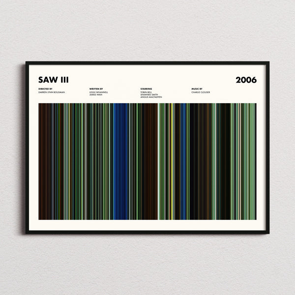 Saw III Movie Barcode Poster framed and photographed straight on