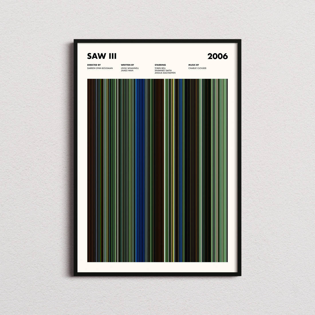 Saw III Movie Barcode Poster framed on a plain studio wall