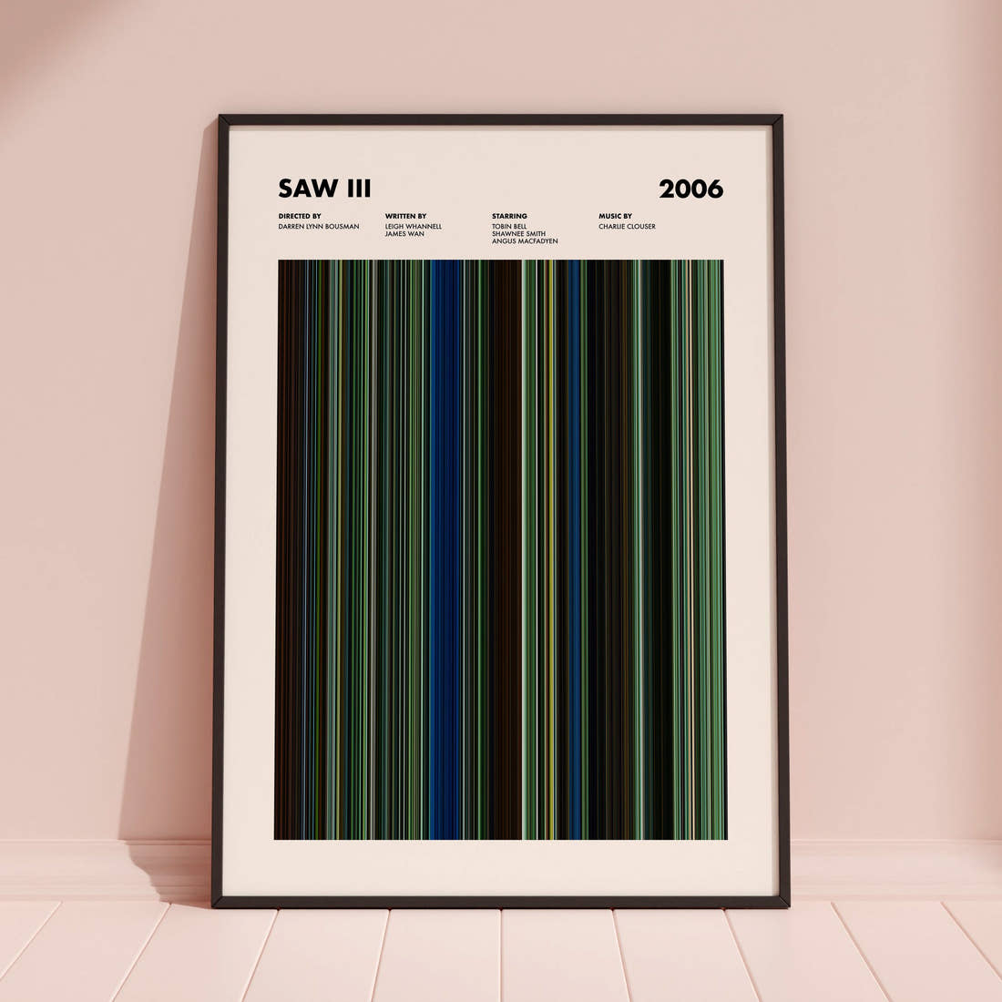 Saw III Movie Barcode Poster framed and leaning against a coloured wall