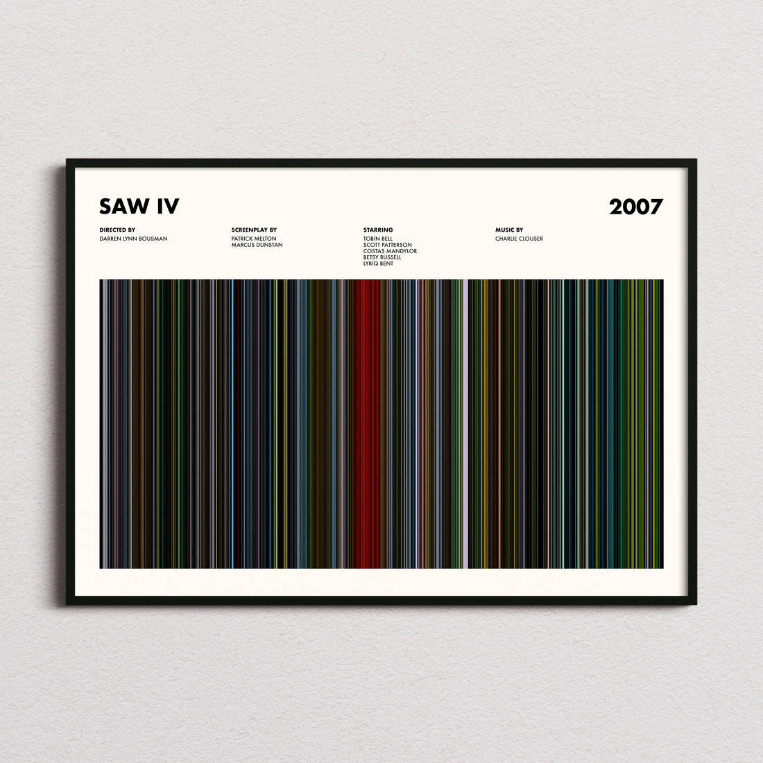Saw 4 Movie Barcode Poster framed and photographed straight on