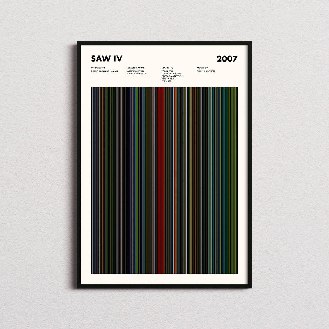 Saw 4 Movie Barcode Poster framed on a plain studio wall