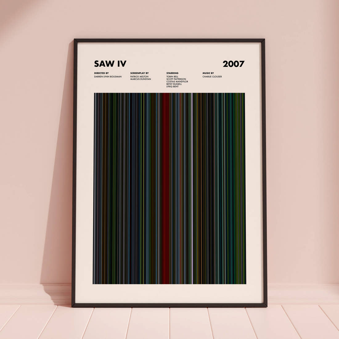 Saw 4 Movie Barcode Poster framed and leaning against a coloured wall