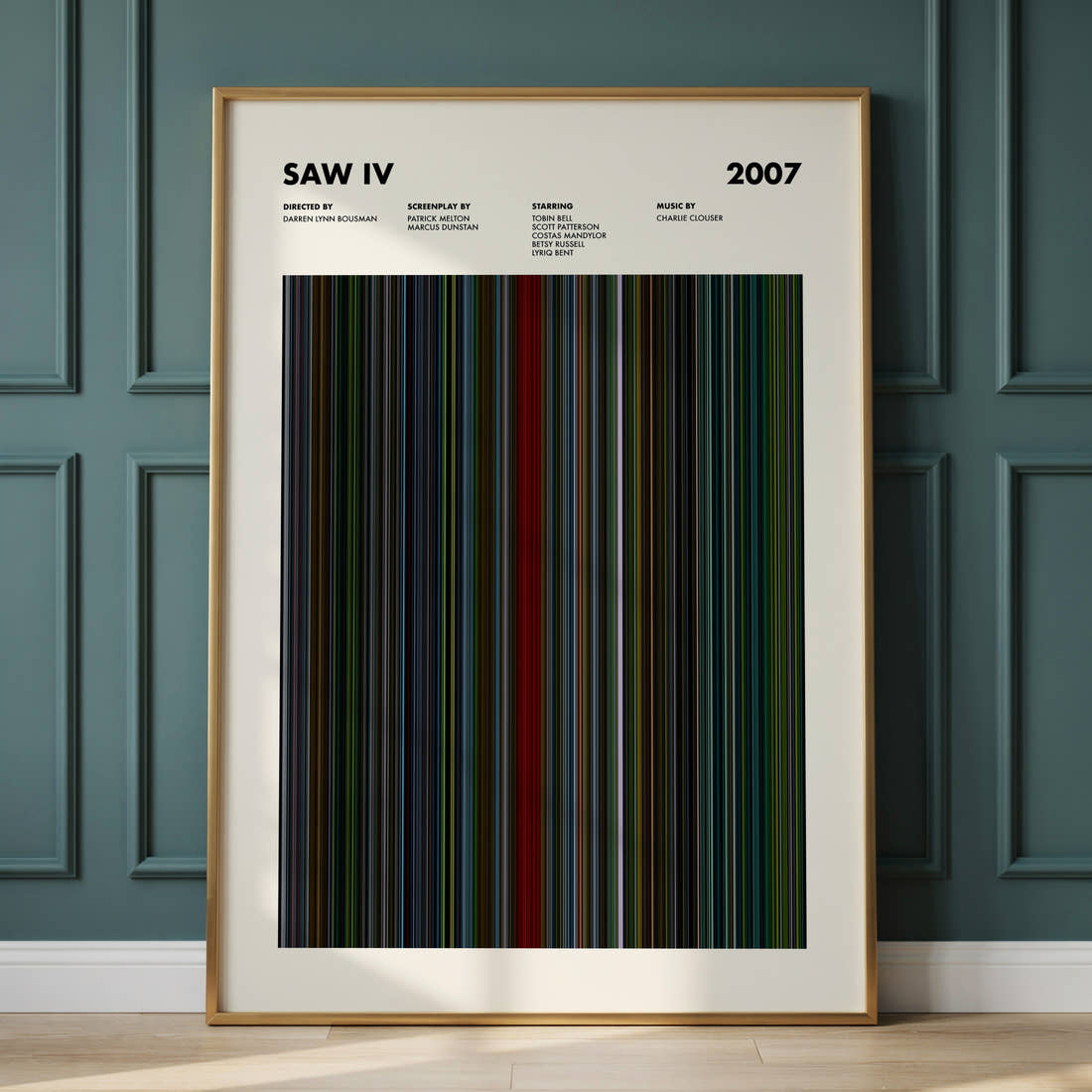 Saw 4 Movie Barcode Poster framed and leaning against a panelled wall