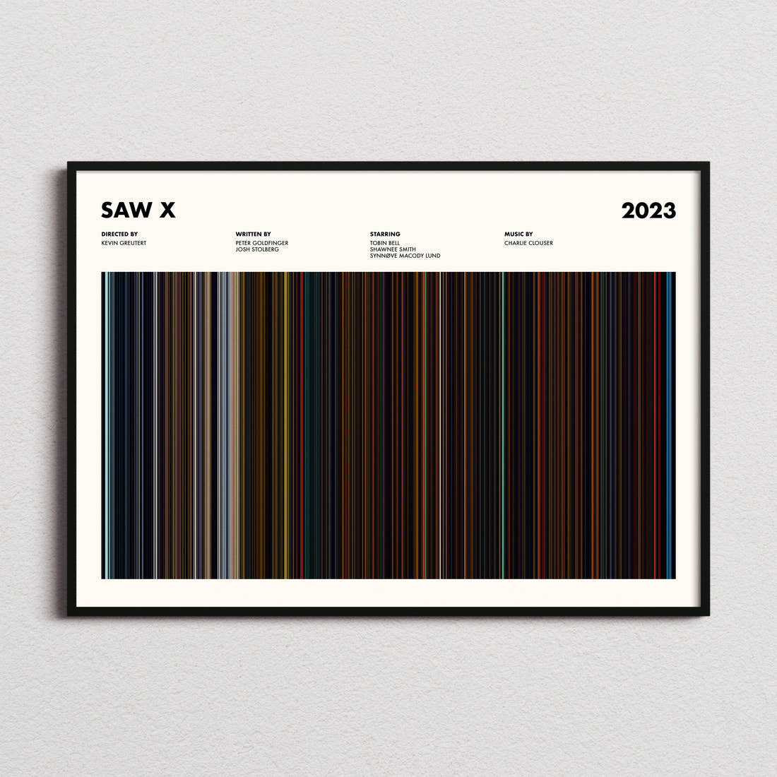Saw X Movie Barcode Poster framed and photographed straight on