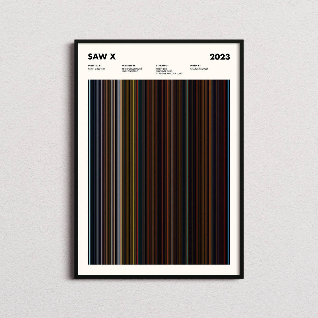 Saw X Movie Barcode Poster framed on a plain studio wall