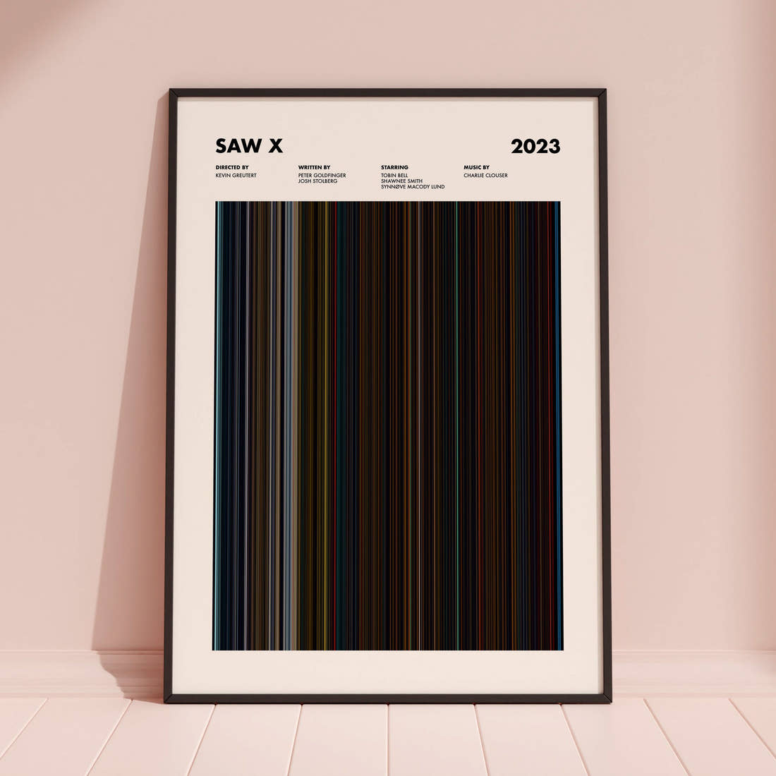 Saw X Movie Barcode Poster framed and leaning against a coloured wall