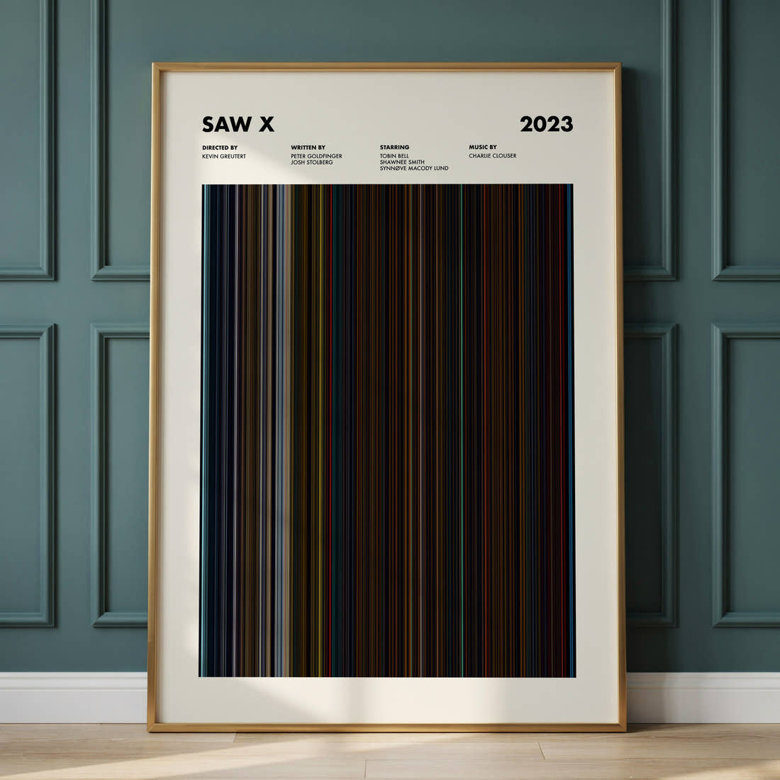 Saw X Movie Barcode Poster framed and leaning against a panelled wall