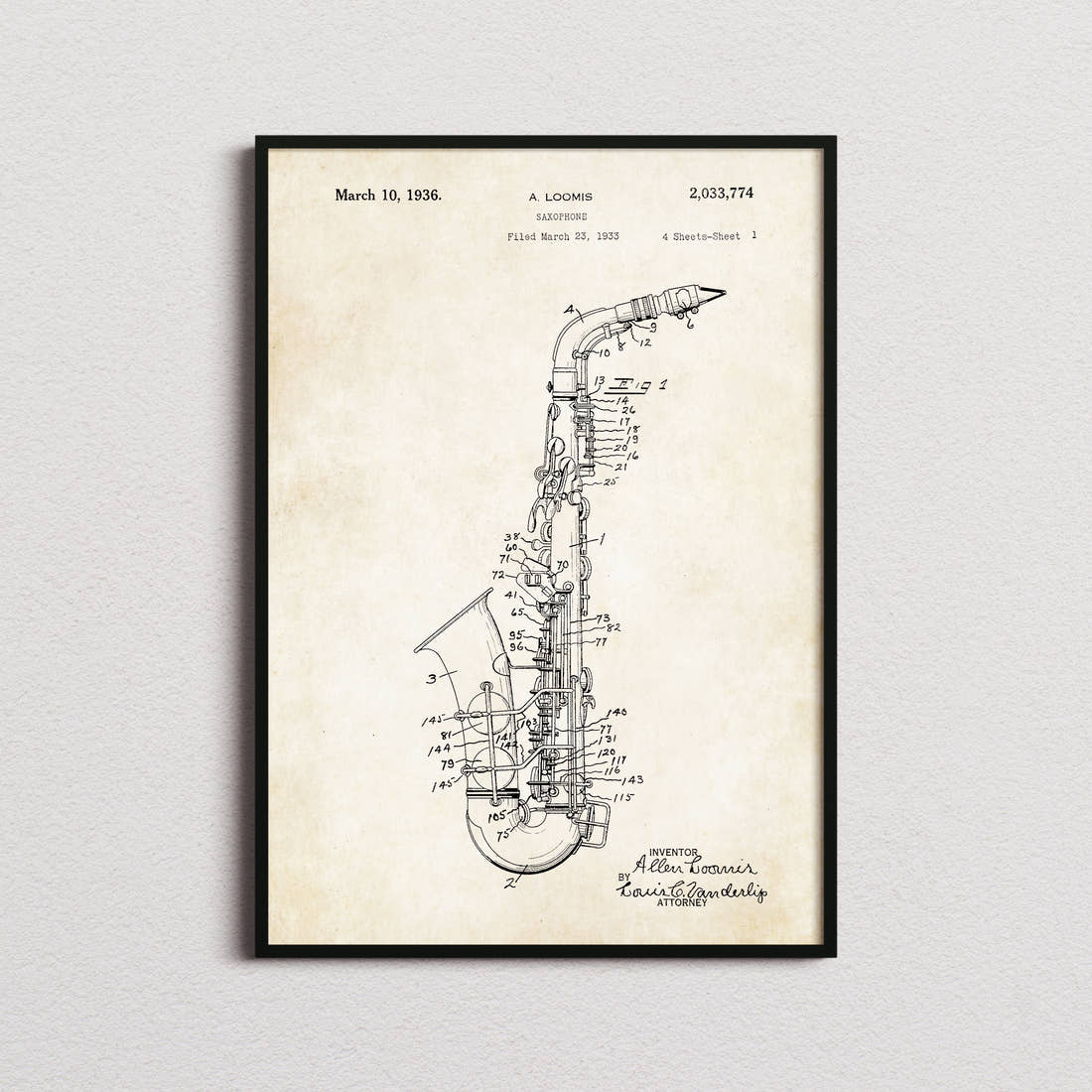 Saxophone Patent Print in the aged paper colourway, framed