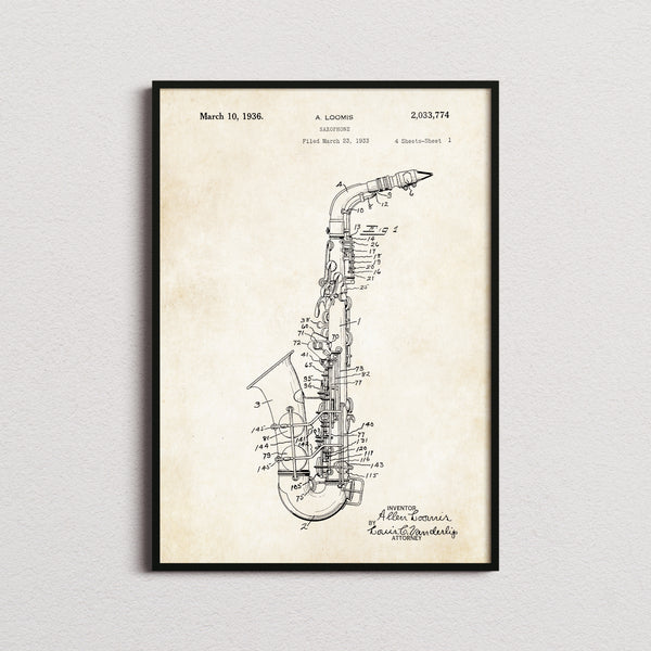 Saxophone Patent Print in the aged paper colourway, framed