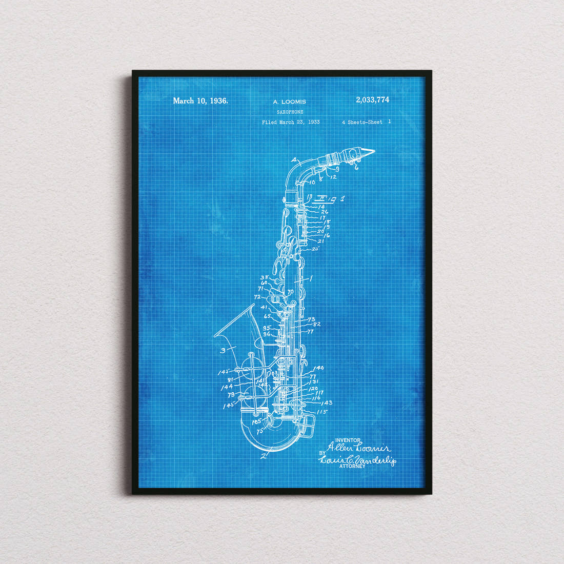 Saxophone Patent Print in the blueprint colourway, framed