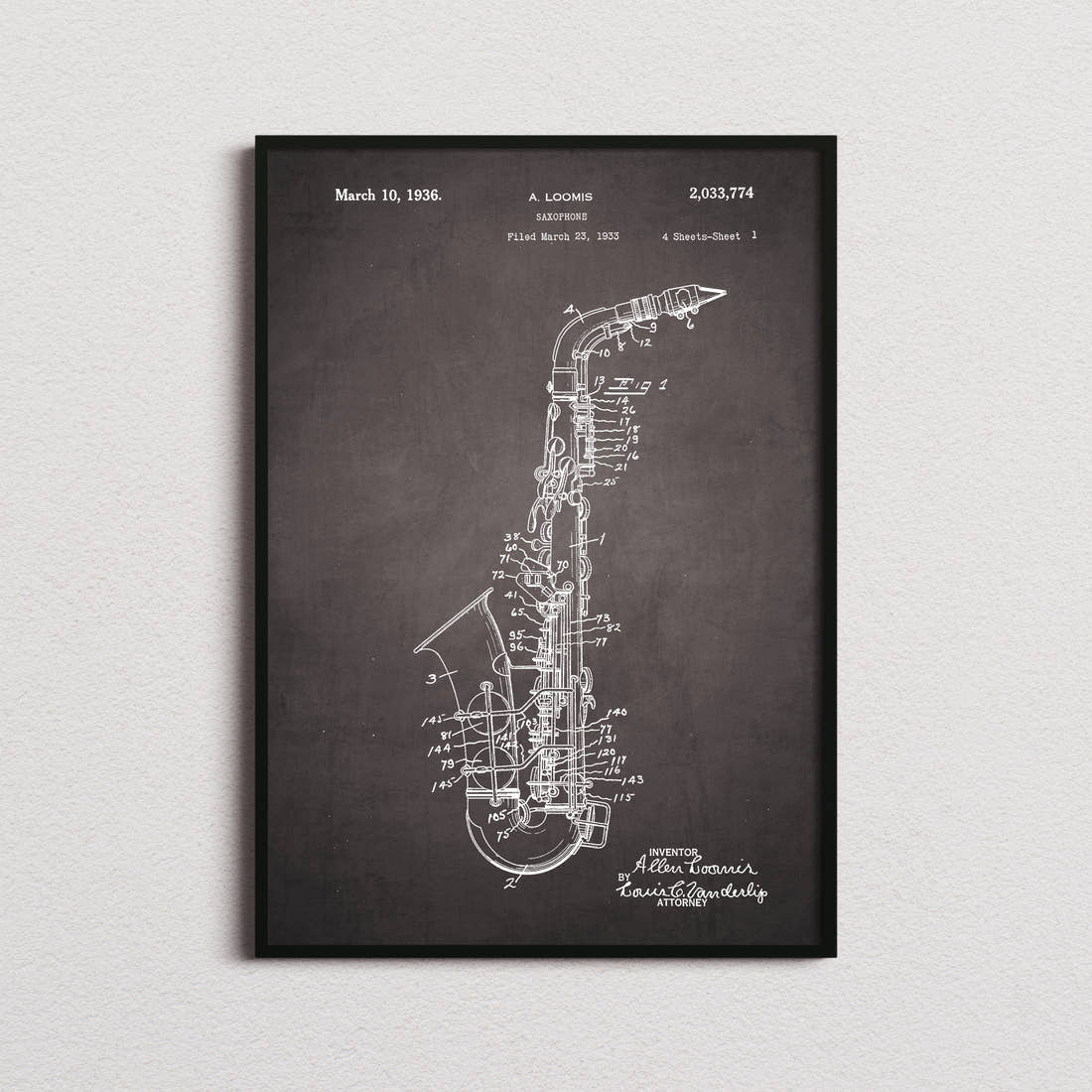 Saxophone Patent Print in the blackboard colourway, framed
