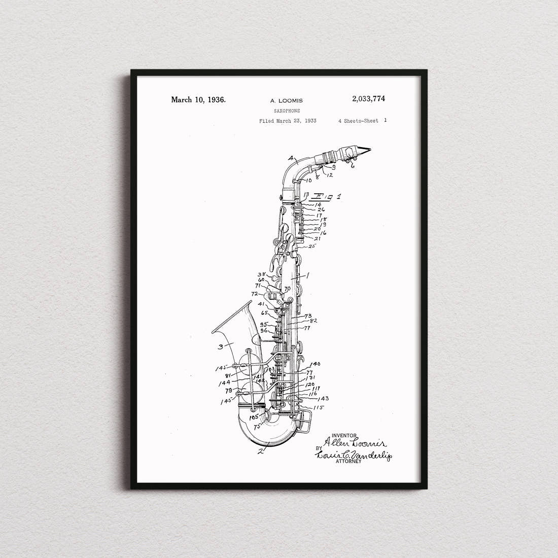 Saxophone Patent Print in the white colourway, framed