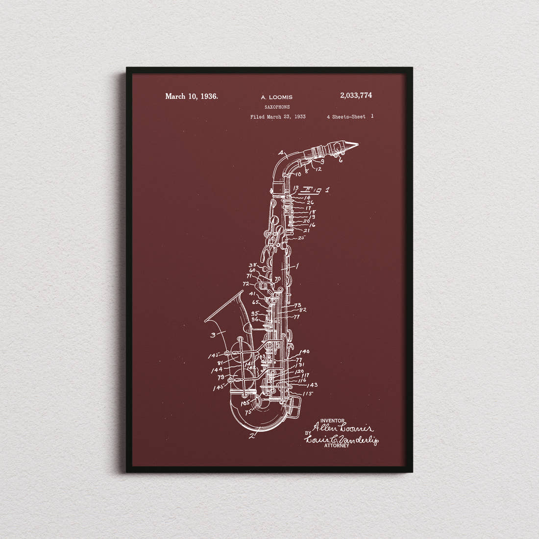 Saxophone Patent Print in the burgundy colourway, framed