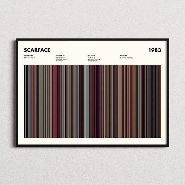 Scarface Movie Barcode Poster framed and photographed straight on