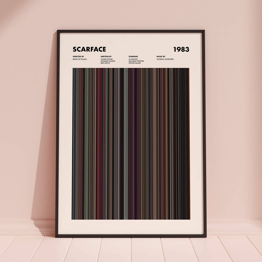 Scarface Movie Barcode Poster framed and leaning against a coloured wall
