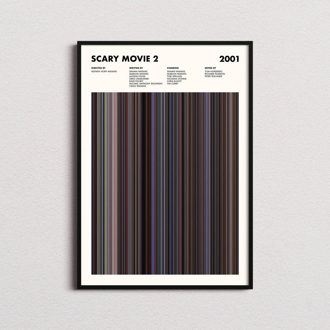 Scary Movie 2 Barcode Poster Movie Barcode Poster framed on a plain studio wall