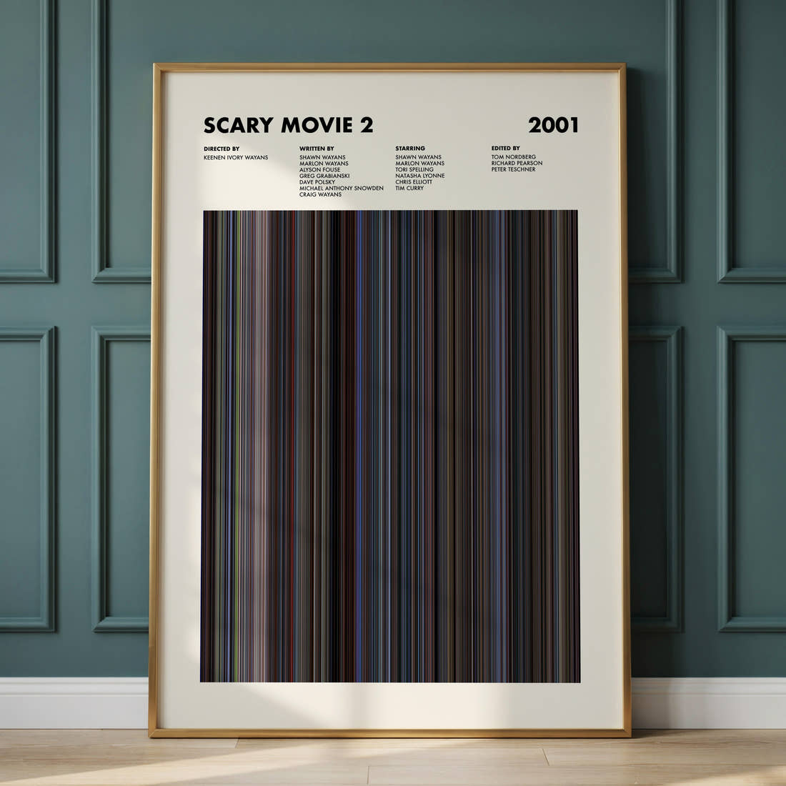 Scary Movie 2 Barcode Poster Movie Barcode Poster framed and leaning against a panelled wall
