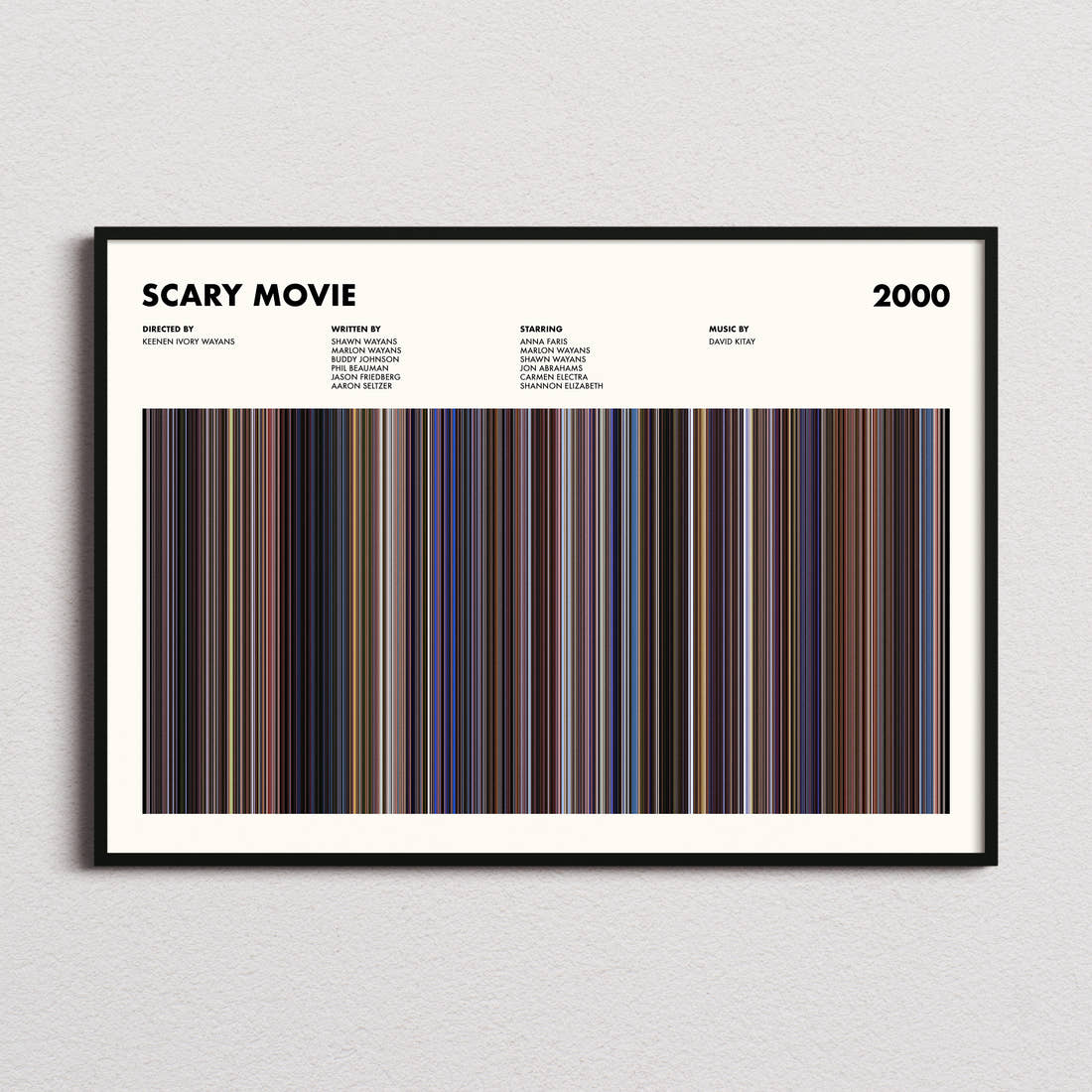 Scary Movie Movie Barcode Poster framed and photographed straight on