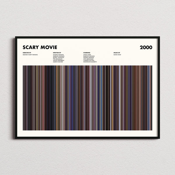 Scary Movie Movie Barcode Poster framed and photographed straight on