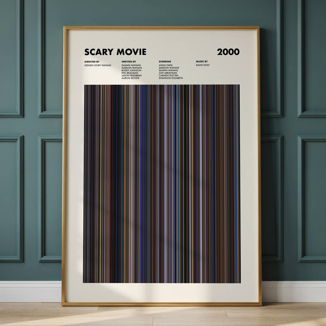 Scary Movie Movie Barcode Poster framed and leaning against a panelled wall