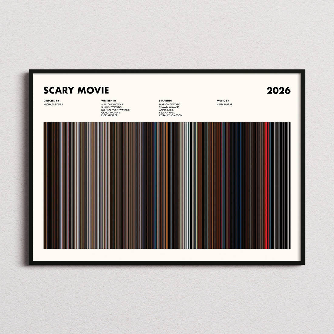Scary Movie 2026 Movie Barcode Poster framed and photographed straight on