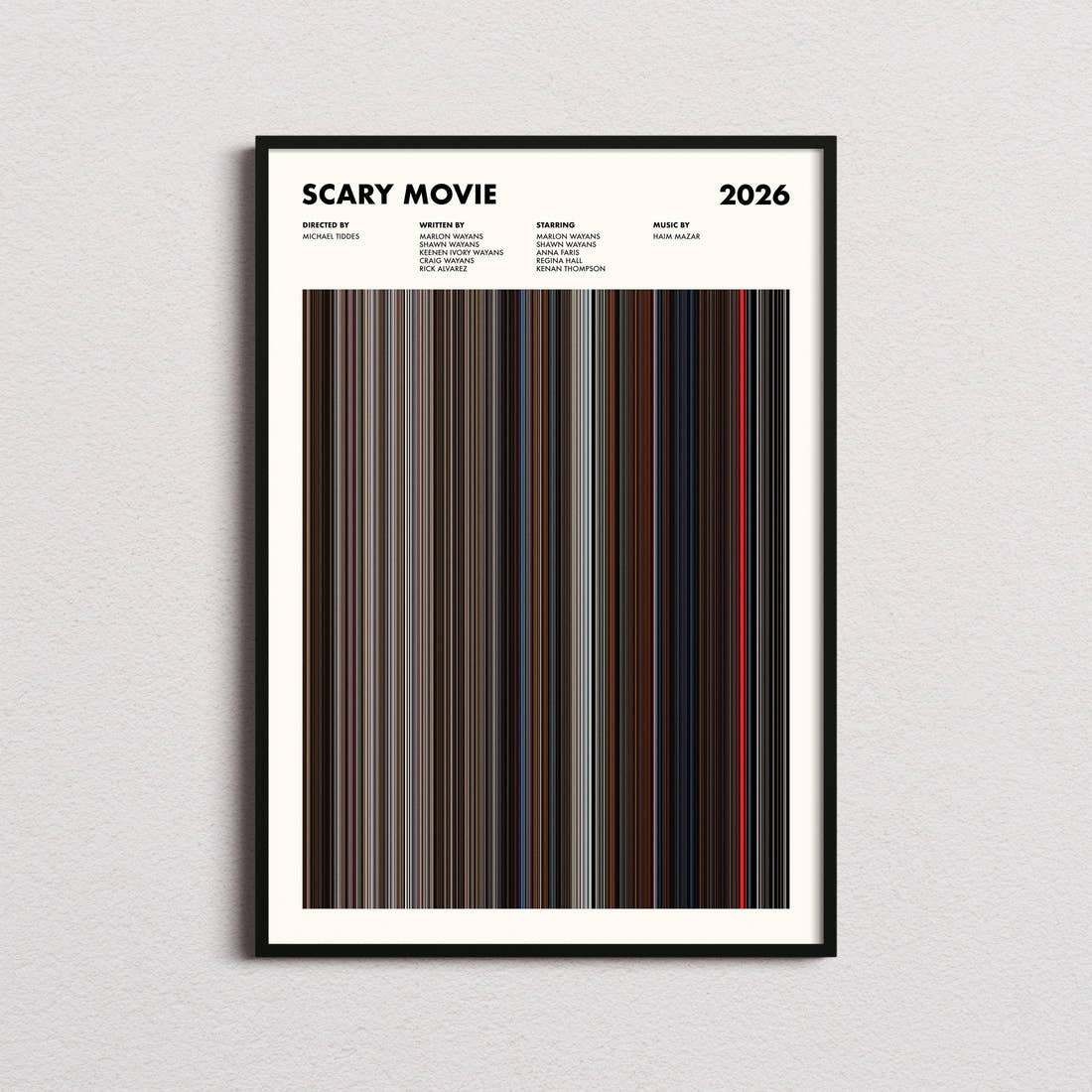 Scary Movie 2026 Movie Barcode Poster framed on a plain studio wall