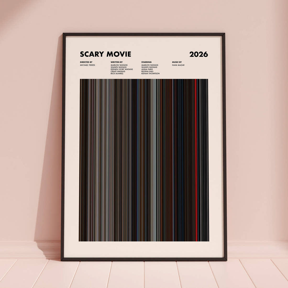 Scary Movie 2026 Movie Barcode Poster framed and leaning against a coloured wall