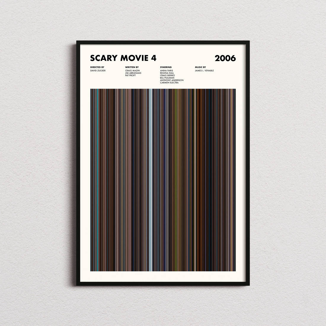 Scary Movie 4 Barcode Poster Movie Barcode Poster framed on a plain studio wall