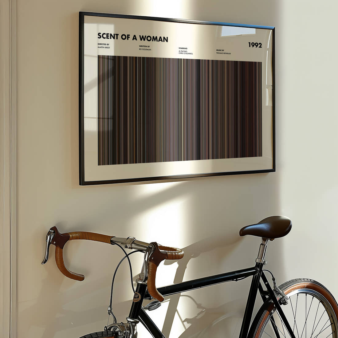Scent of a Woman Movie Barcode Poster framed on the wall of a styled room setting