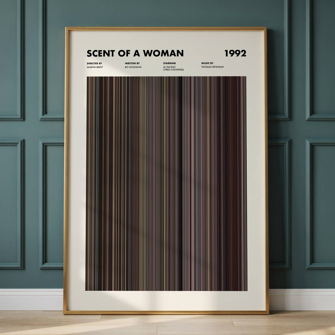 Scent of a Woman Movie Barcode Poster framed and leaning against a panelled wall
